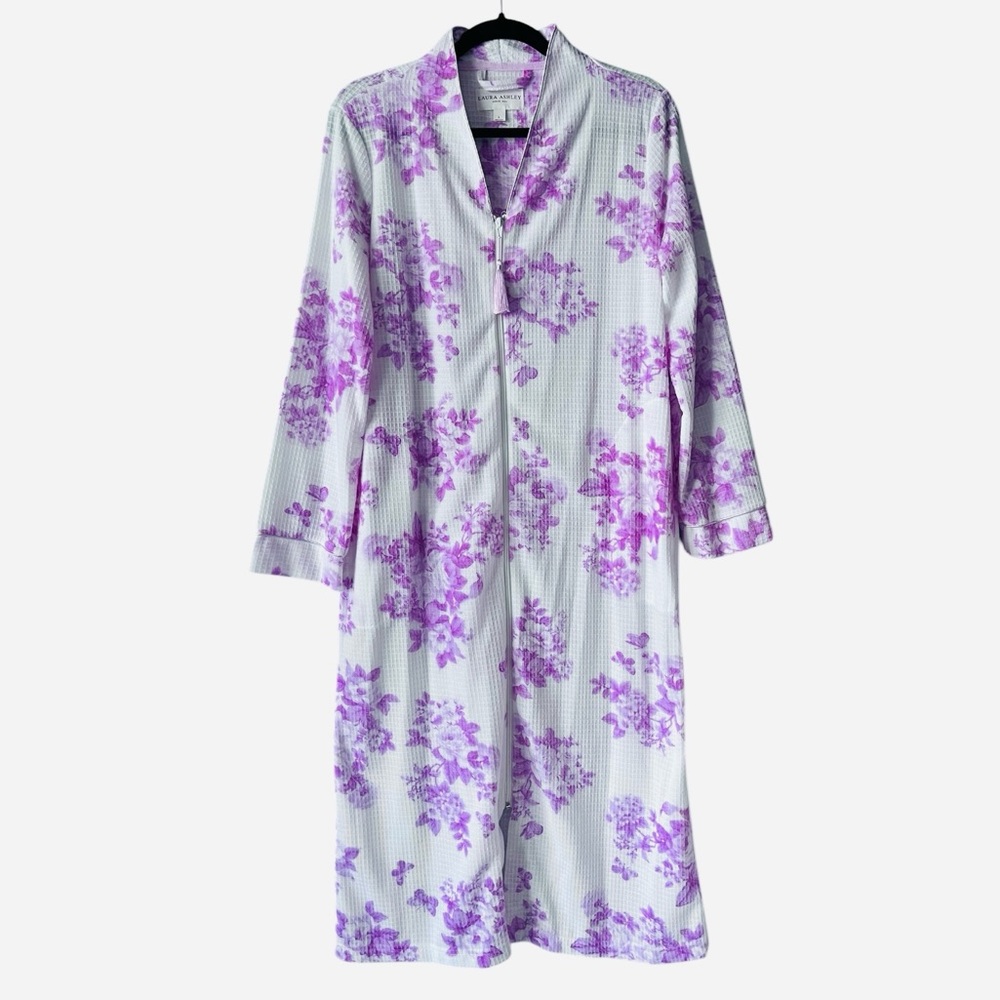 NWOT Laura Ashley Night Gown Long Dress Waffle Knit Floral Front Zip L